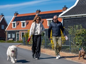 Une rue résidentielle bordée de maisons, avec une chaussée pavée et deux chiens tenus en laisse.