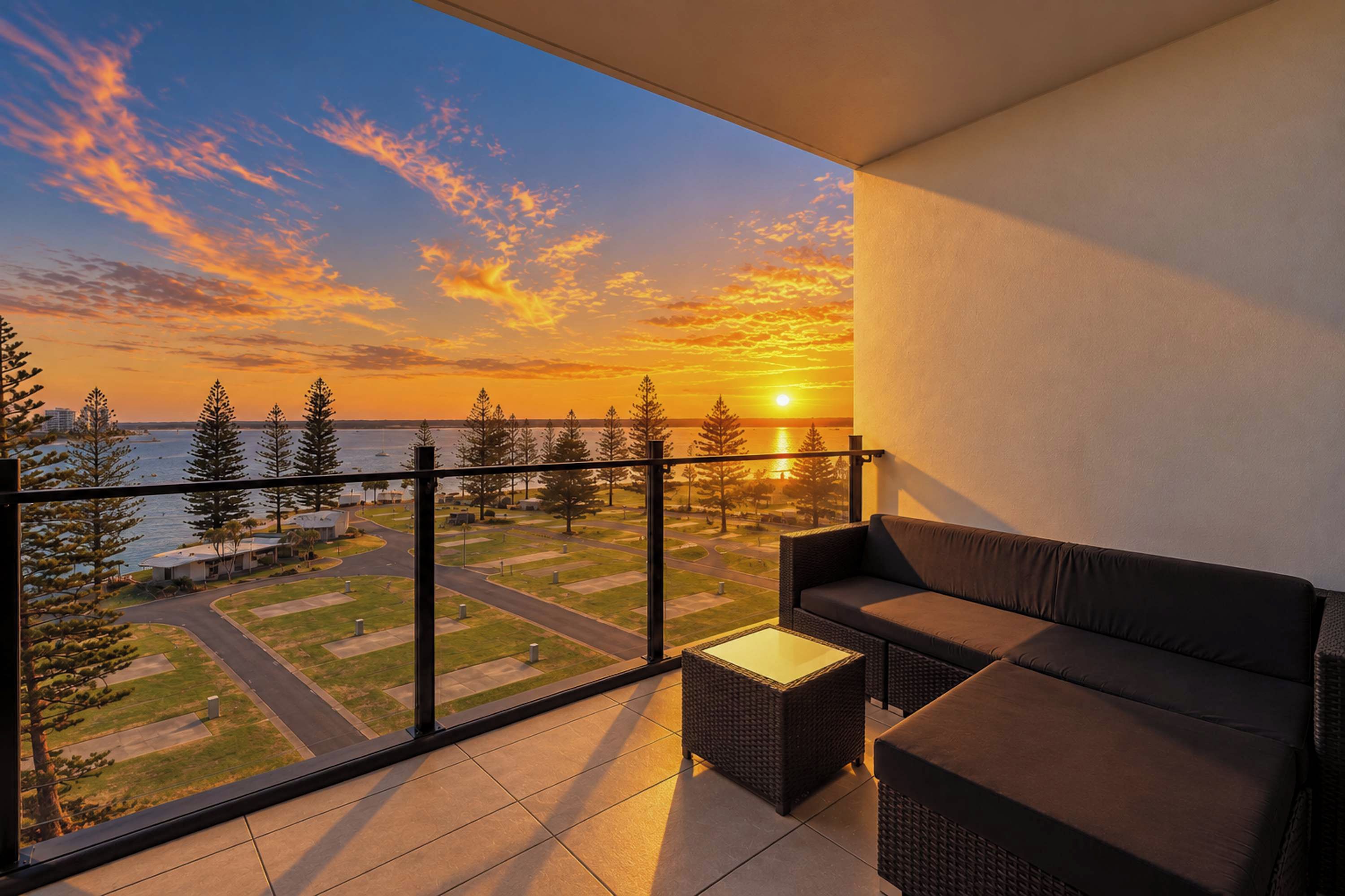 A balcony with a view of a sunset over a body of water, surrounded by trees and a residential area.