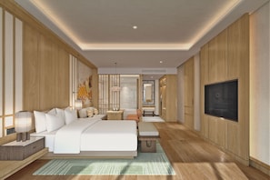 A modern hotel room with a large bed, a TV, and a view of the bathroom.