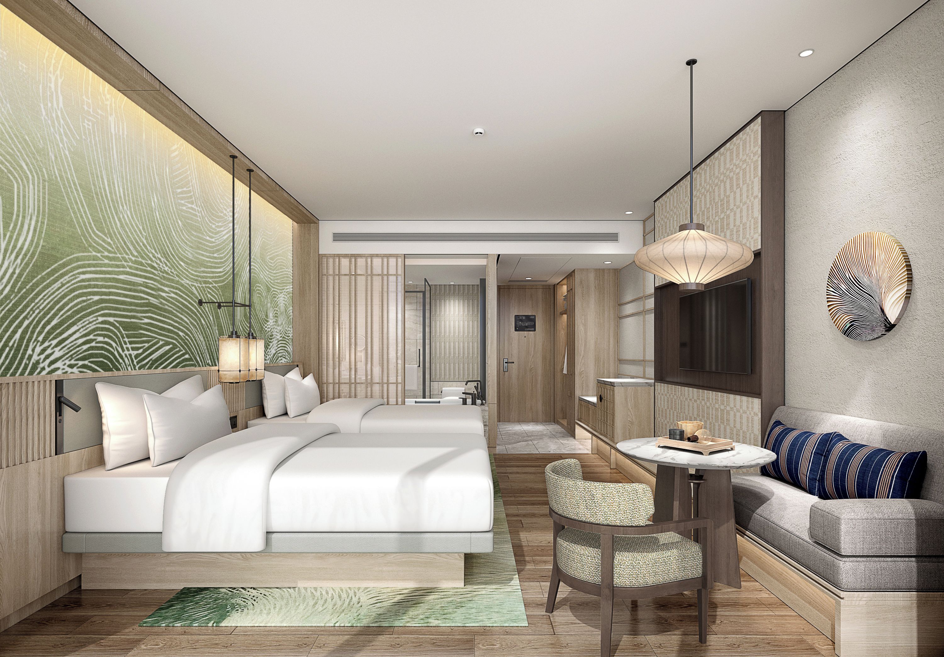 A modern hotel room with a large bed, a sofa, a dining table, and a TV.