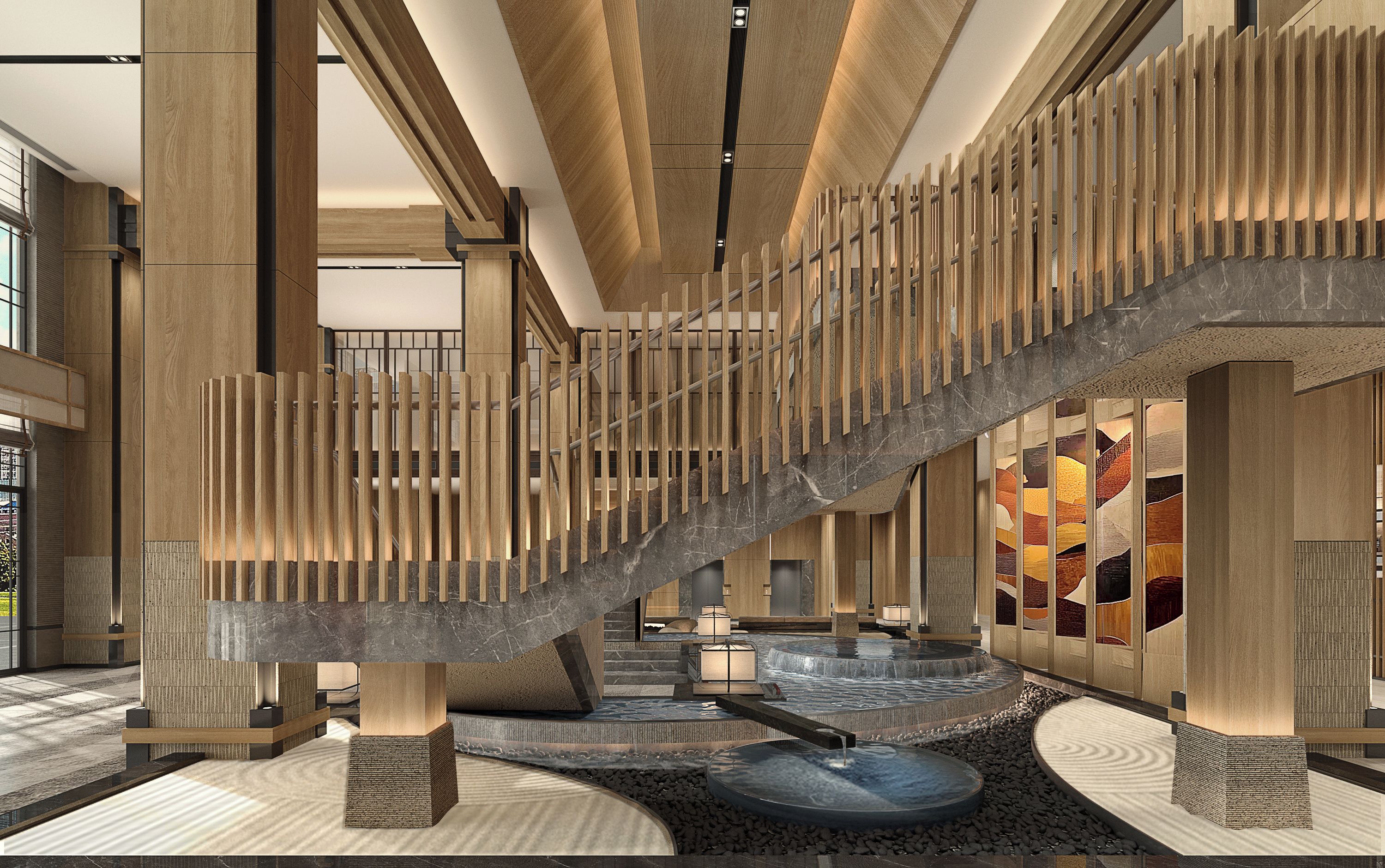 A modern interior with a central staircase, stone flooring, and a water feature.