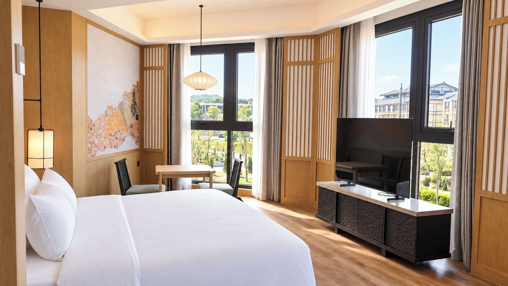 A hotel room with a large bed, a desk, a TV, and a view of the city.