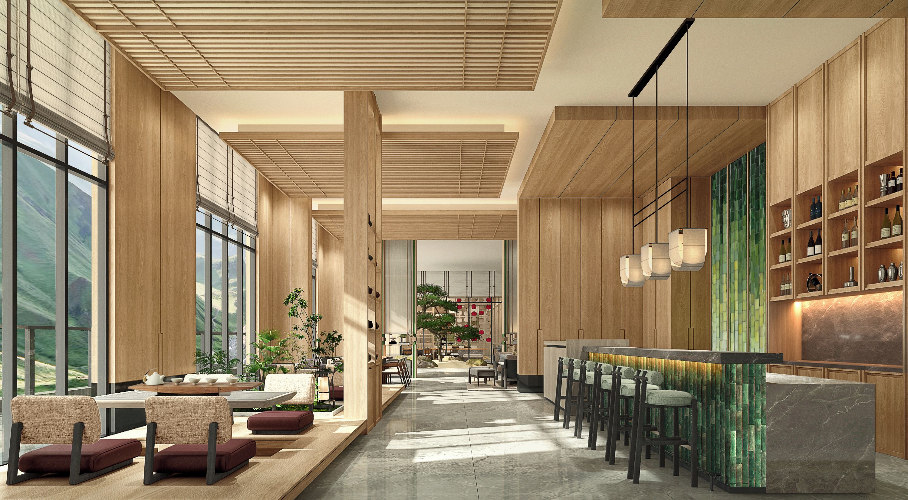A modern interior with wooden paneling, a long bar area, and seating arrangements.