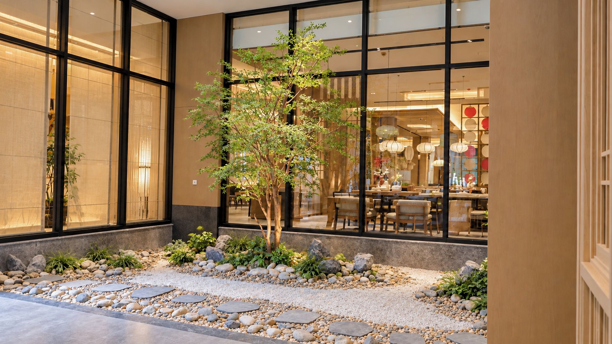 A modern interior with a stone pathway, indoor plants, and a dining area visible through large windows.