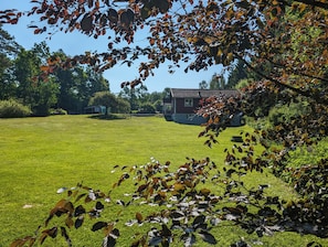 Ein grünes Feld mit einem Haus im Hintergrund.