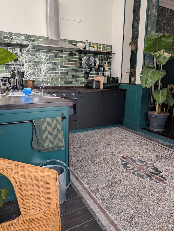 Una cocina con una isla azul, un microondas y un fregadero. Hay una alfombra estampada en el suelo y una planta en maceta a la derecha.