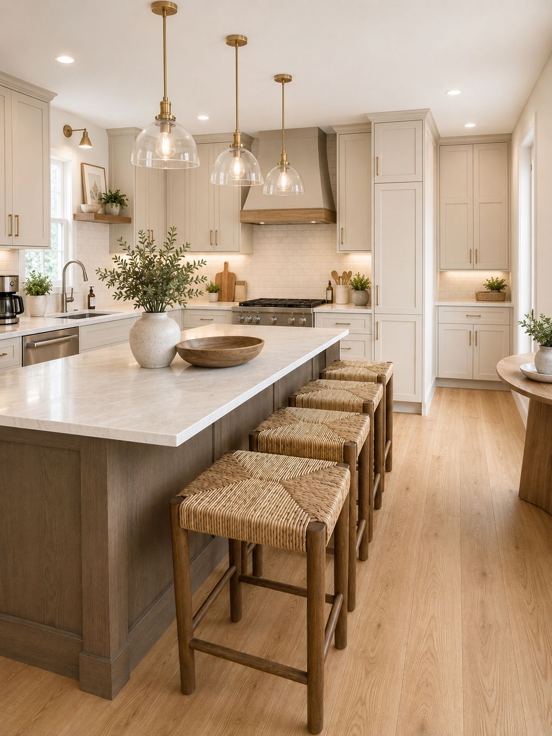Una cocina moderna con una isla central, taburetes de madera e iluminación colgante.