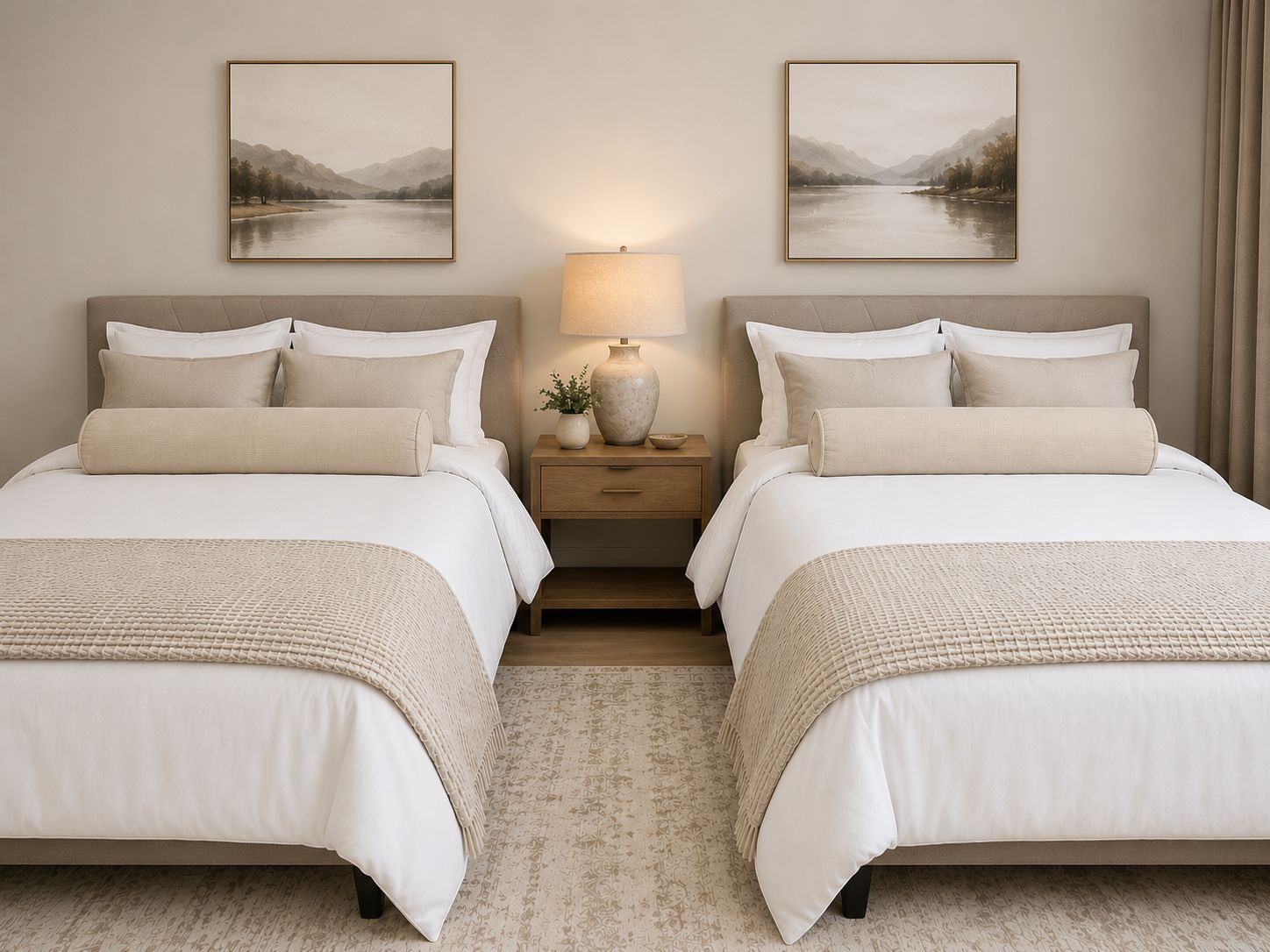 A double bed room with a nightstand, a lamp, and two framed pictures on the wall.