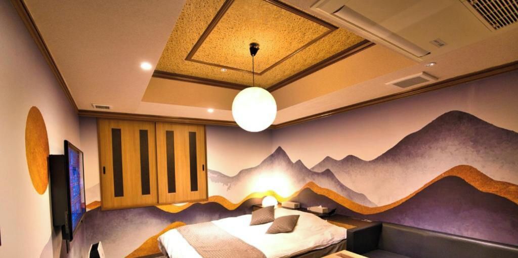 A room with a bed, a wall-mounted TV, and a ceiling light fixture.