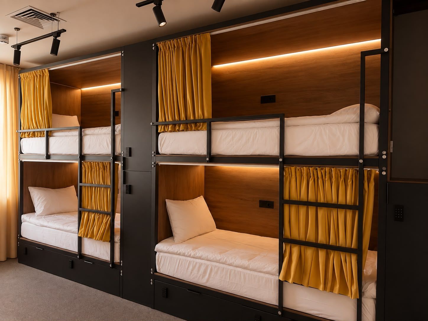 A bunk bed room with wooden walls, curtains, and a ceiling light fixture.