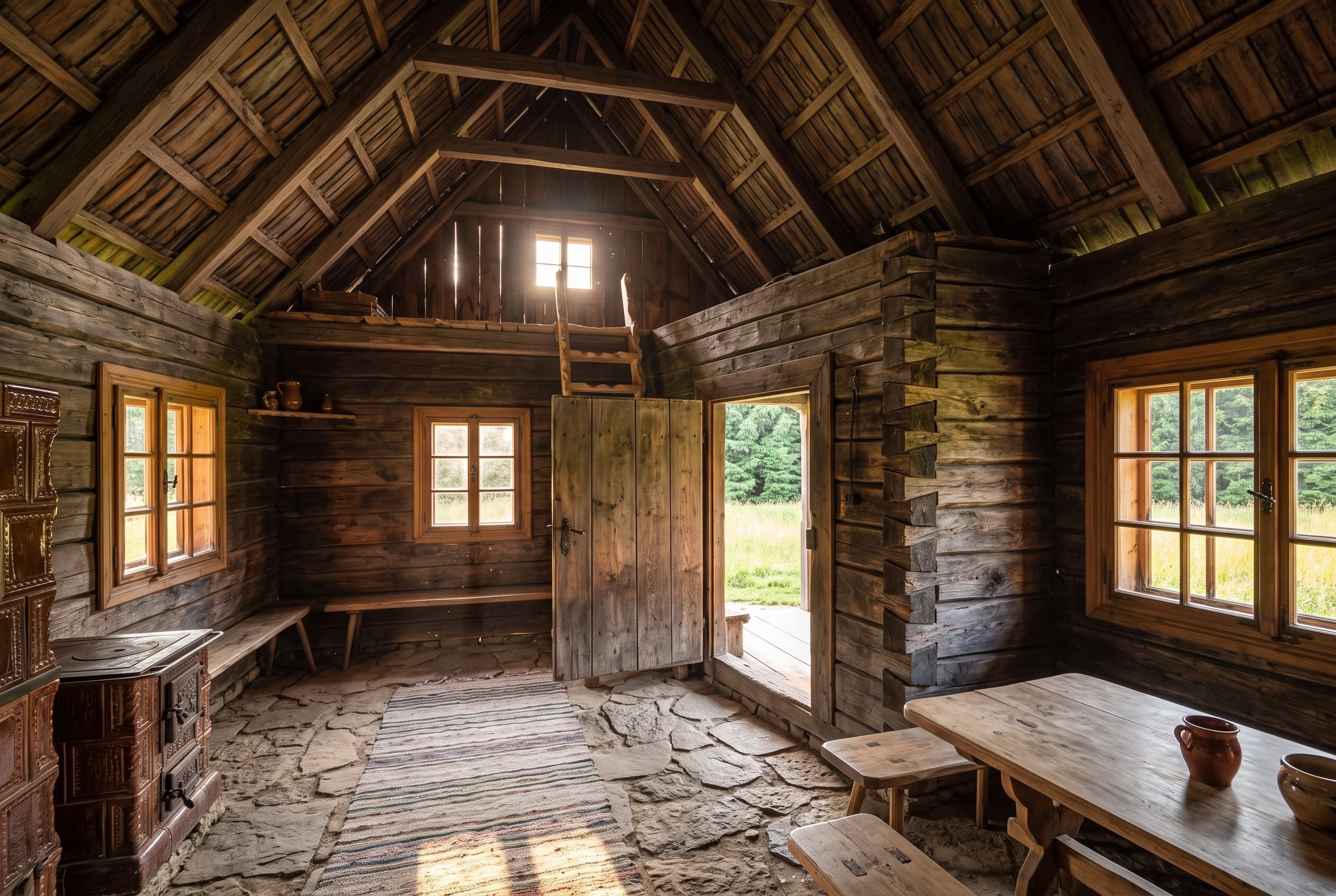 Ein rustikales Blockhaus-Interieur mit Steinboden, Holzwänden, einer Schlafgalerie und großen Fenstern.