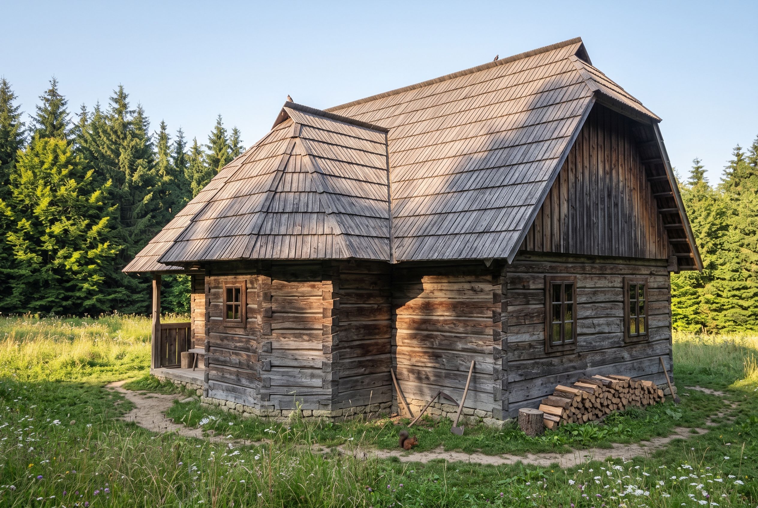 Eine rustikale Holzhütte mit einem steilen Satteldach, eingebettet in eine natürliche Landschaft.
