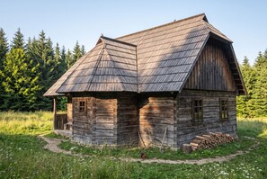 A rustic wooden cabin with a steeply pitched roof, surrounded by a natural landscape.