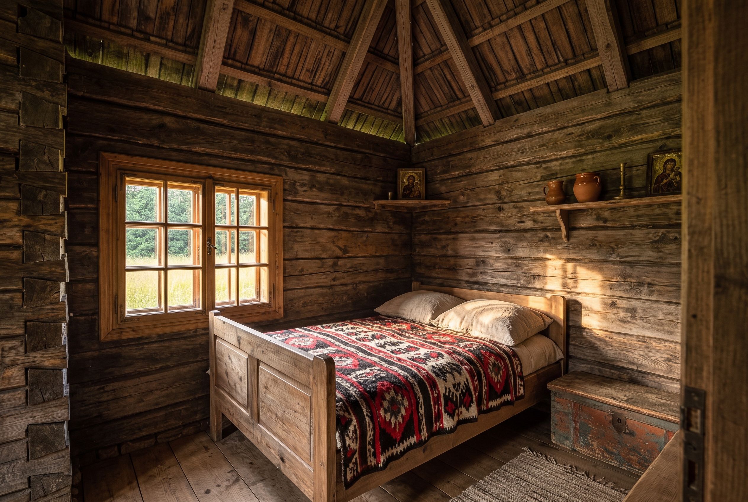 A rustic wooden room with a bed, a window, and shelves with religious icons.