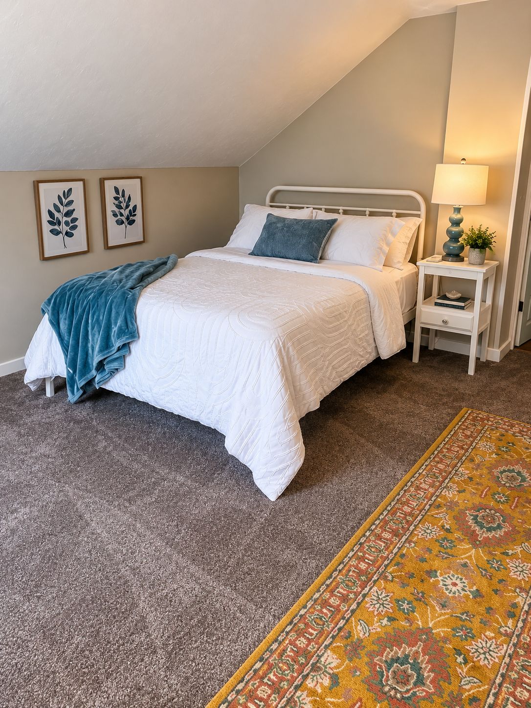 A bedroom with a bed, bedside table, lamp, and a rug.