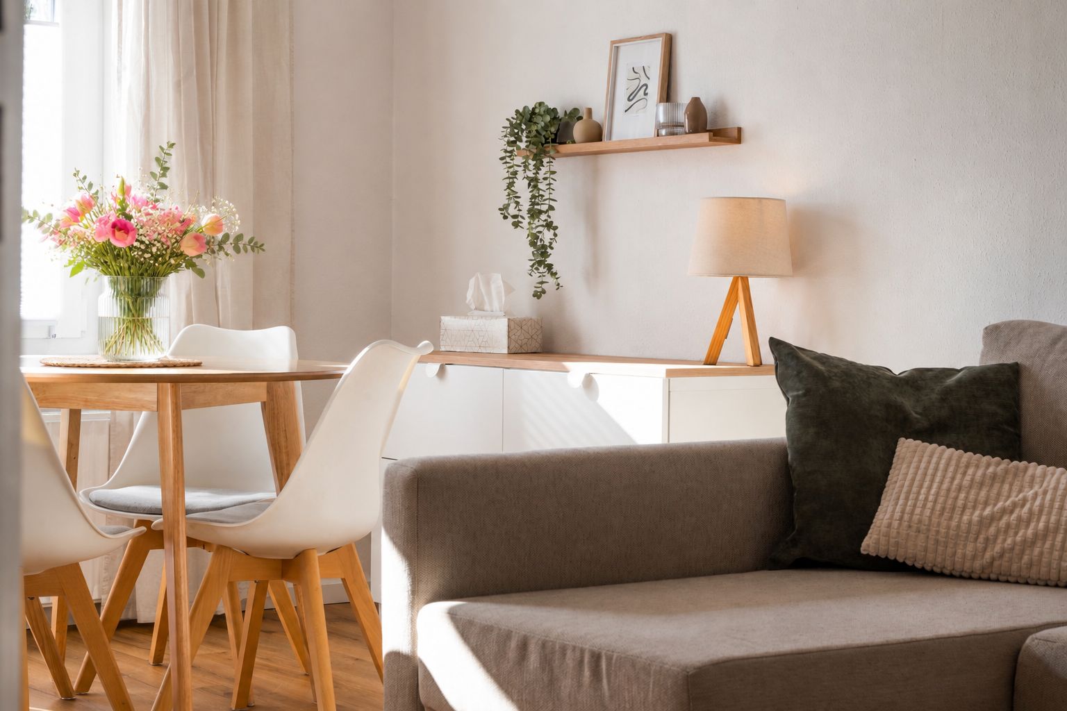 Un salon moderne avec un canapé, une table à manger et des chaises, une lampe et un vase de fleurs.
