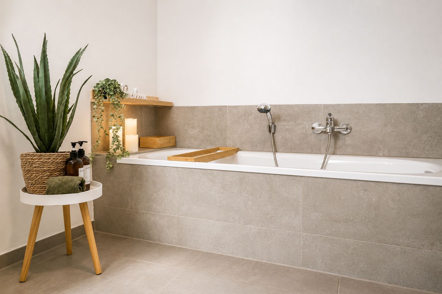 A bathroom with a bathtub, a wooden shelf with toiletries, and a potted plant.