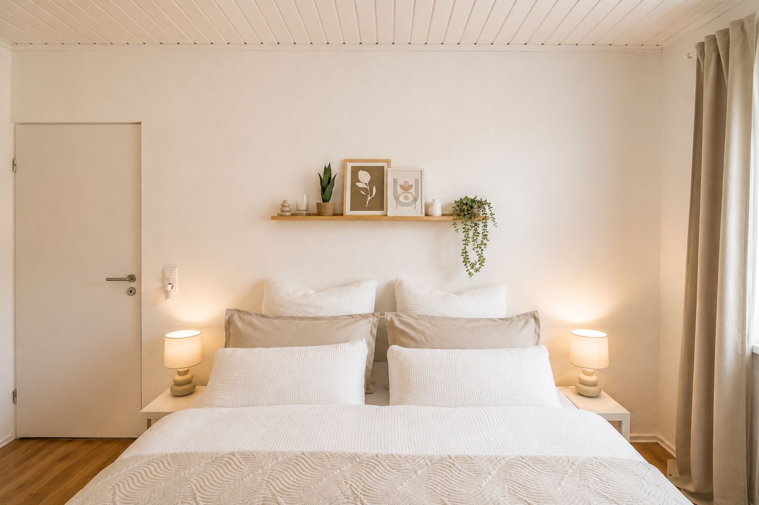 A bedroom with a bed, two bedside tables with lamps, a door, a wall-mounted shelf with decorative items, and a hanging plant.