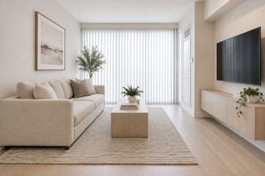 Ein modernes Wohnzimmer mit einem beigen Sofa, einem Couchtisch mit Pflanze, einem Flachbildfernseher und einem großen Fenster mit Jalousien.