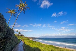 A coastal pathway with palm trees, a beach, and a clear sky. - Ocean-view 1BR Kapalua condo with balcony, pool, AC, and full kitchen-Kapalua Ridge Villas 2521 (Lahaina)