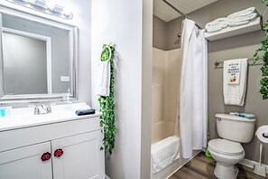 A bathroom with a white vanity, a mirror, a shower curtain, and a toilet. - Derby House (Louisville)