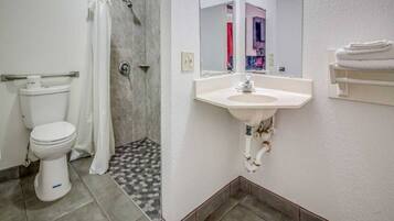 Un baño con inodoro, ducha, lavabo y espejo.