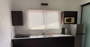 A compact kitchen with a microwave, a sink, and a refrigerator. - Marina Loft Condos №214, 2 floor № 214 (Coco)