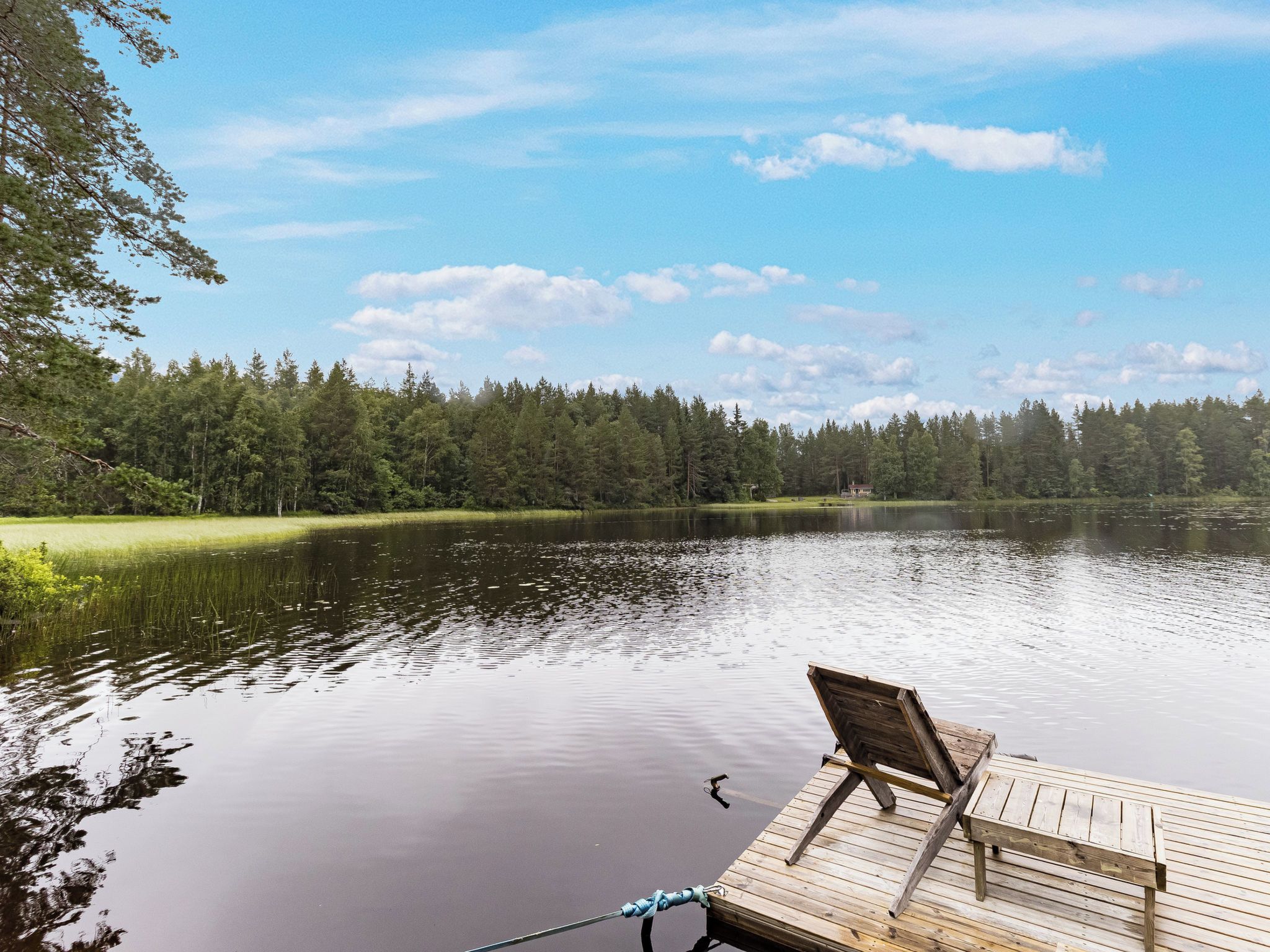 A wooden dock extending into a calm lake surrounded by dense forest.