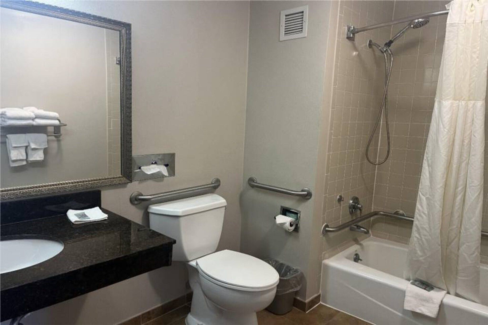 Une salle de bain équipée de toilettes, d’un lavabo, d’un miroir, d’une douche et de barres d’appui.