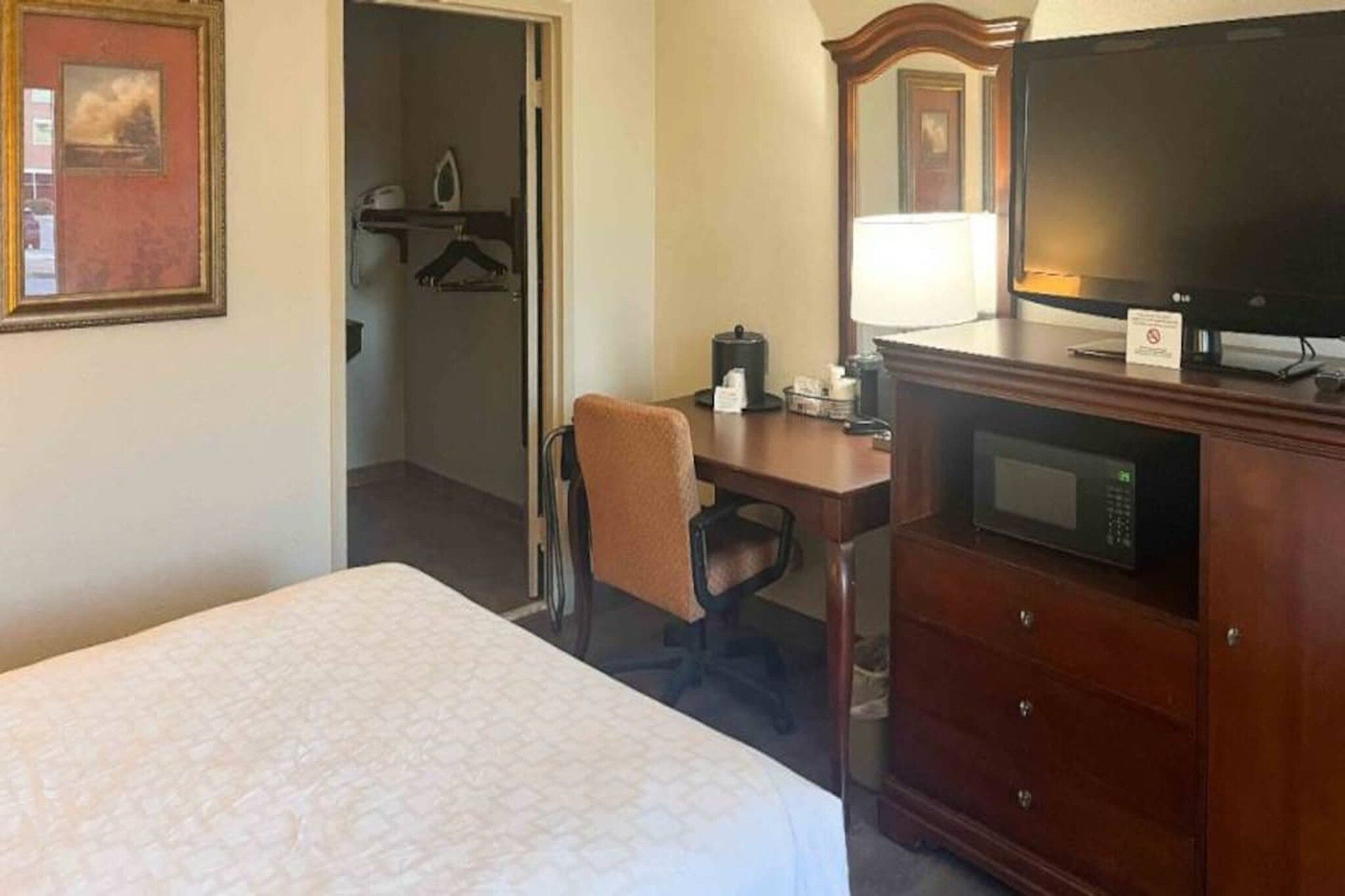 A hotel room with a bed, a desk with a chair, a microwave, and a television.
