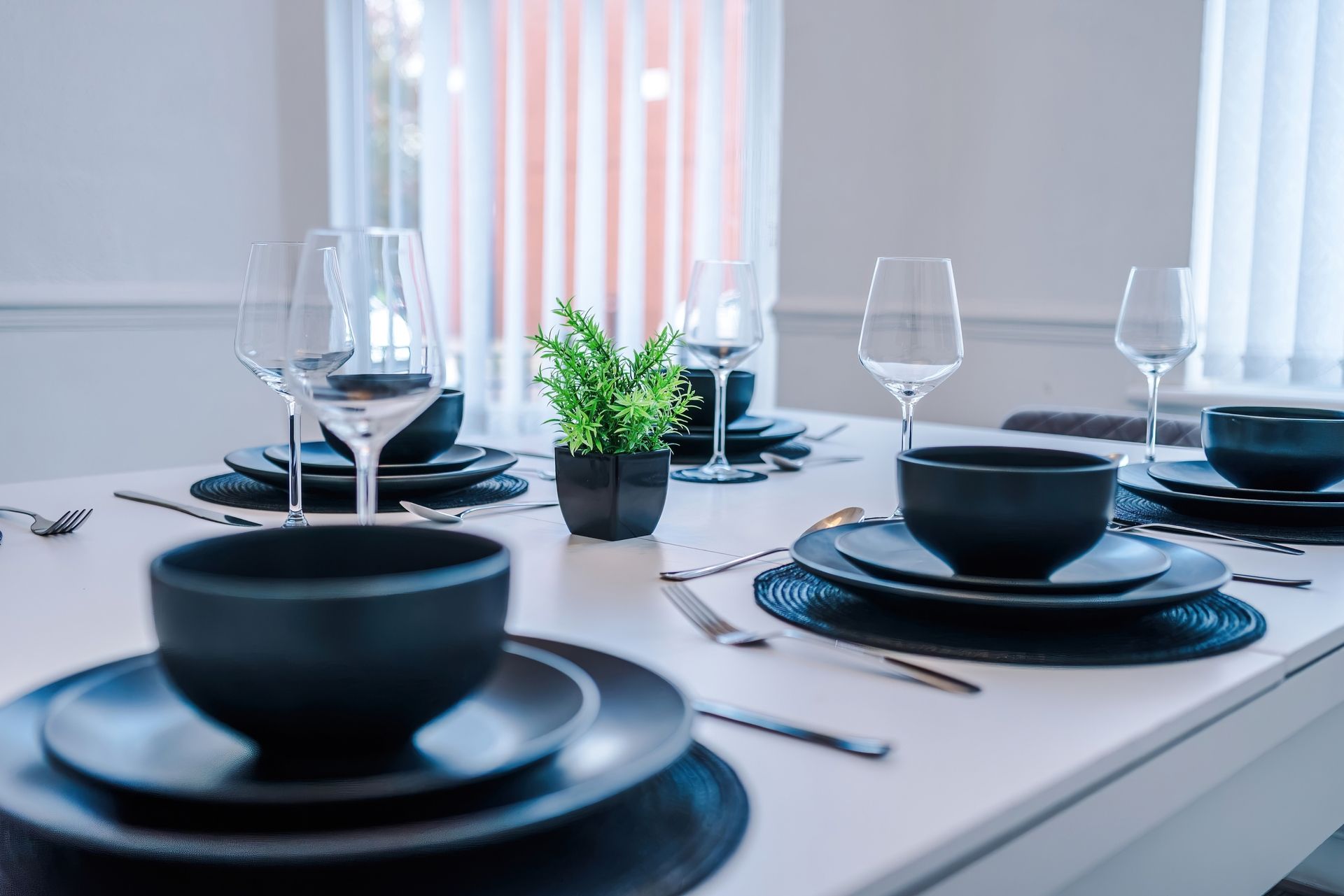 A dining table set with black plates, bowls, and wine glasses, with a potted plant in the center.