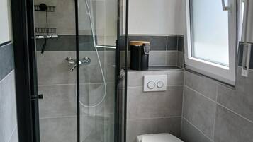 Ein modernes Badezimmer mit einer begehbaren Glasdusche, einer Toilette und einem Fenster.