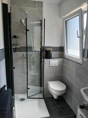 Een moderne badkamer met een douchecabine van glas, een toilet en een wastafel.