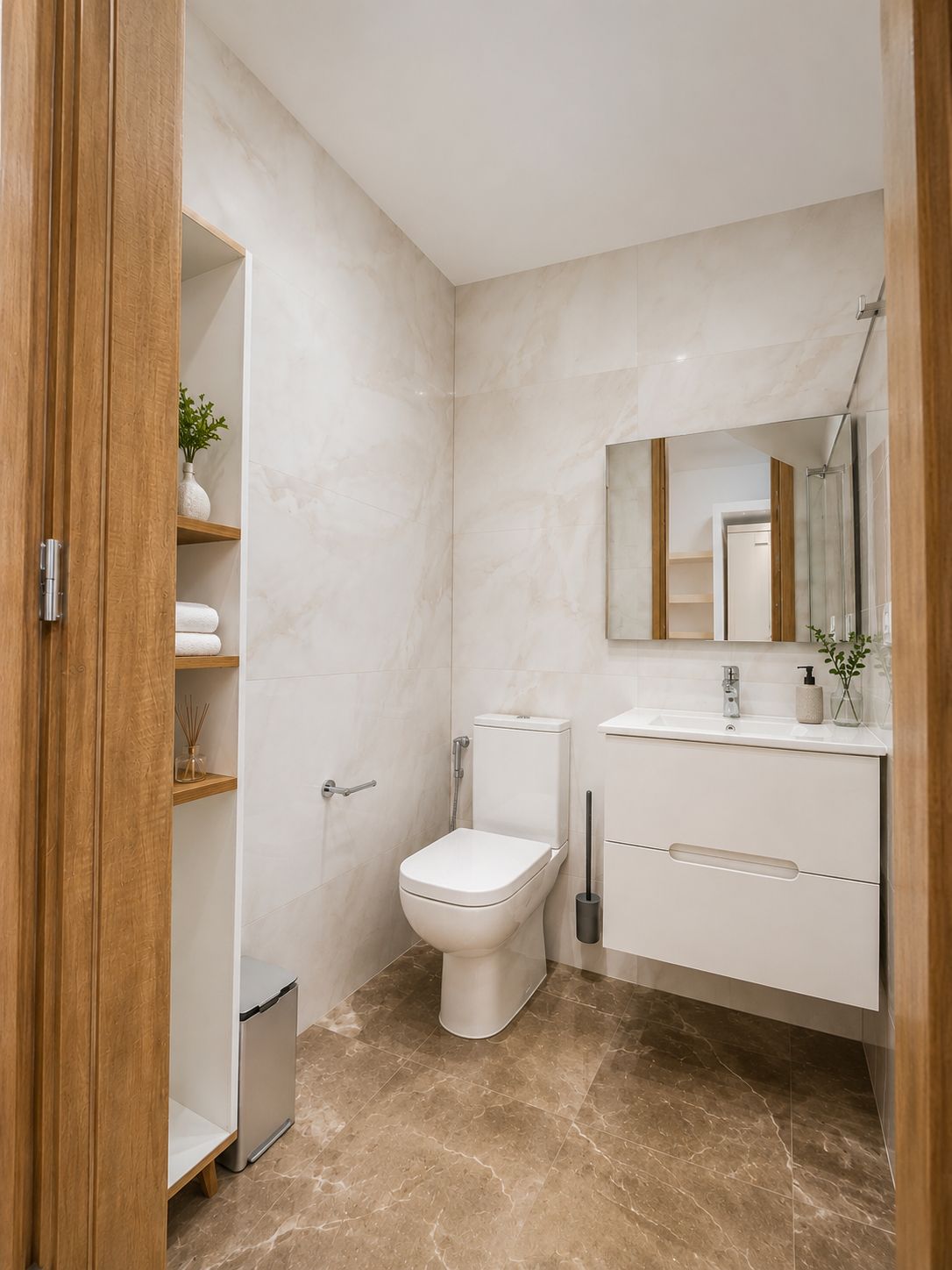 A modern bathroom with a toilet, sink, and mirror.