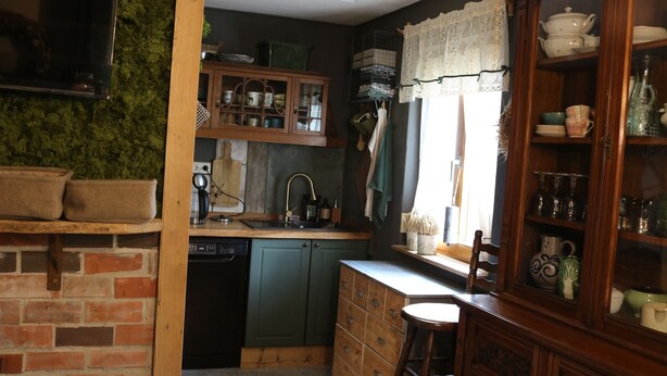 Una cocina con pared de ladrillo, armarios de madera y pared cubierta de musgo verde.