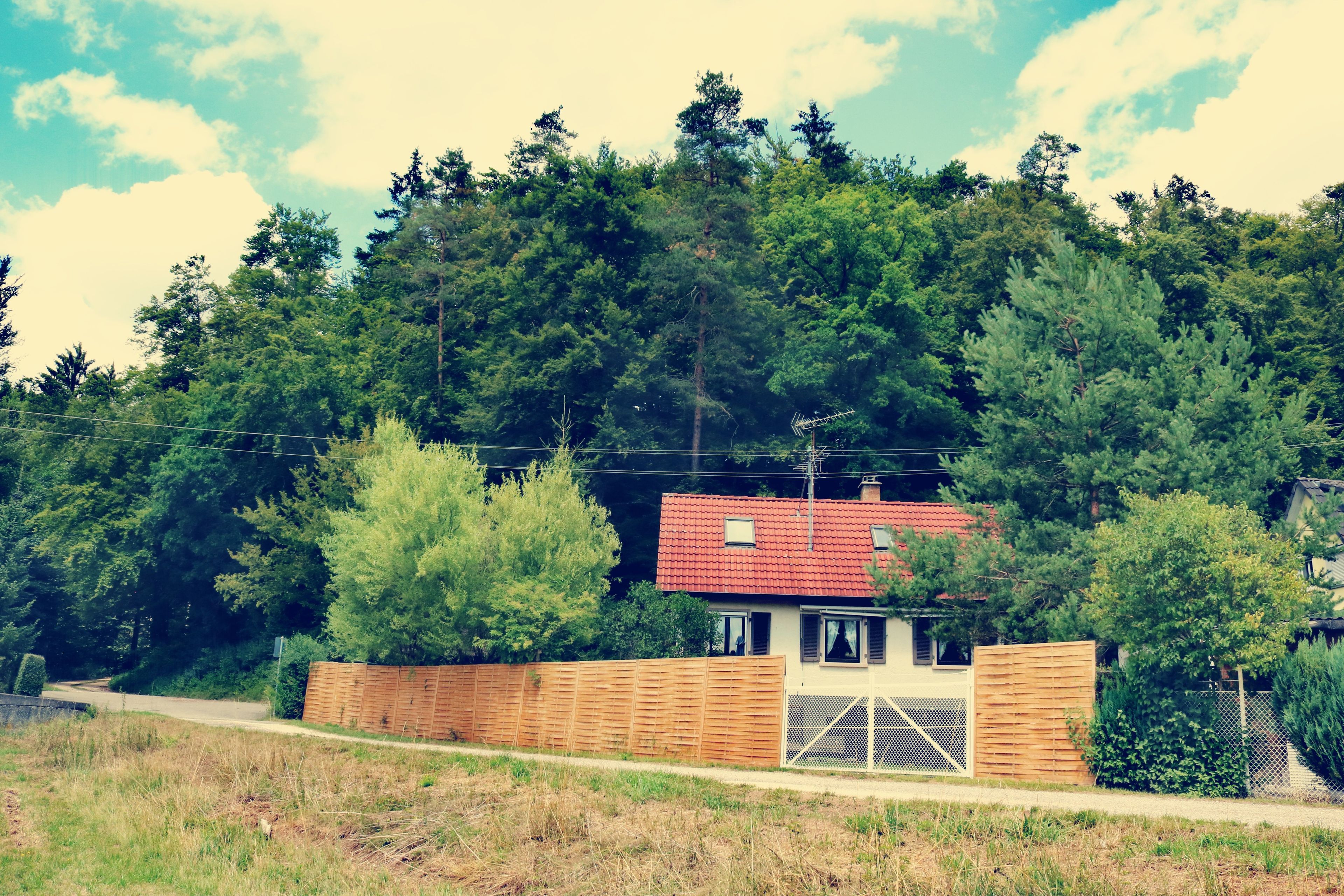 Ein Haus mit rotem Dach, umgeben von dichtem Wald und einem Holzzaun.