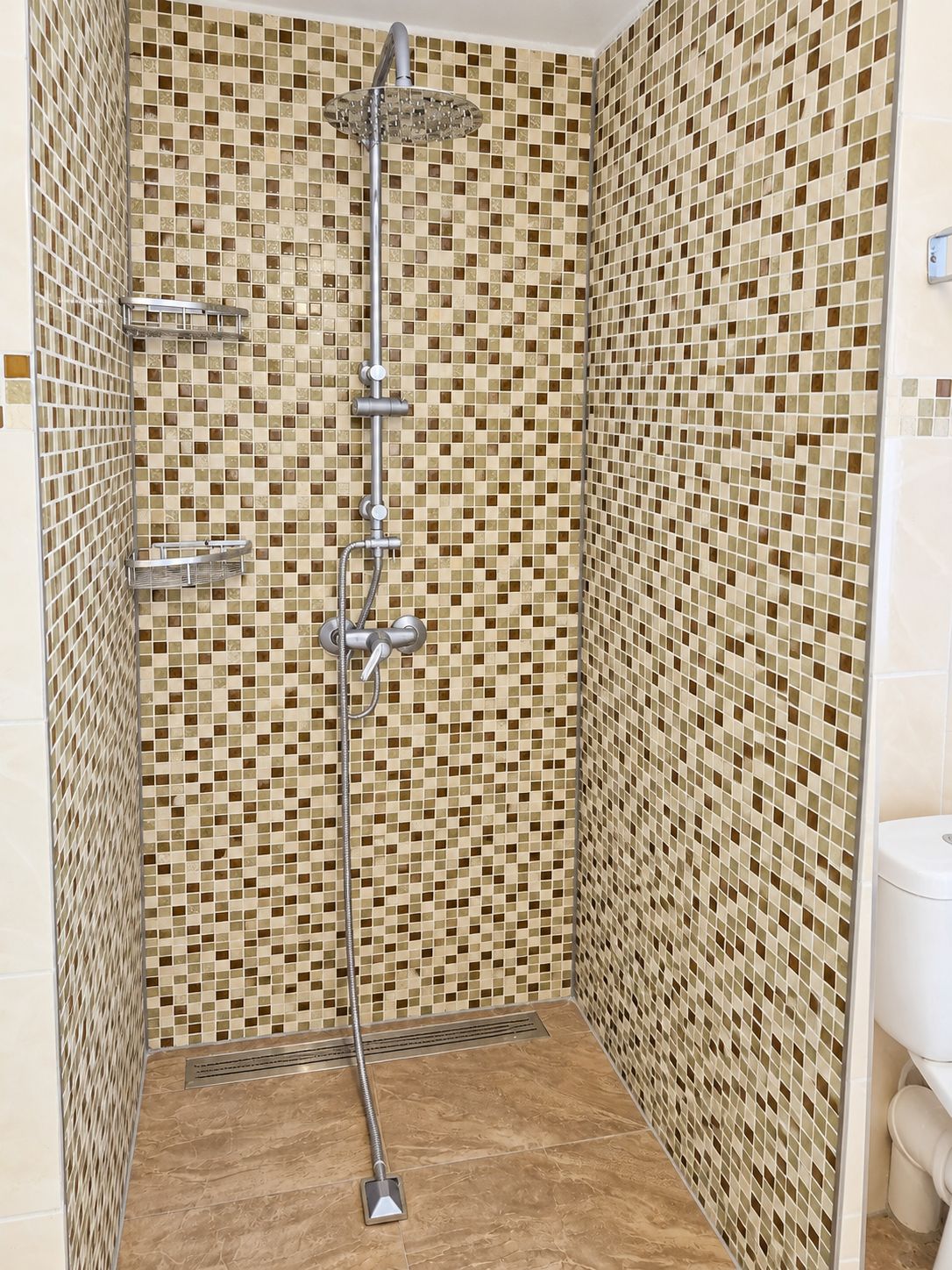 Eine Dusche mit gefliestem Mosaik-Wand, einer Handbrause und einem Handduschteil.