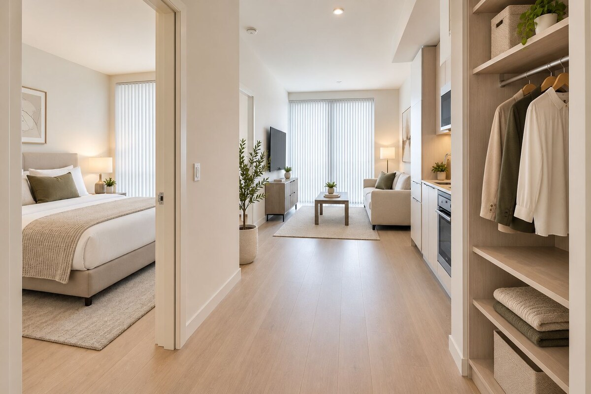 Ein modernes Apartment mit Schlafzimmer, Wohnbereich und Küchenzeile.