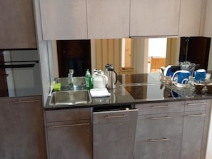 A modern kitchen with stainless steel appliances, a sink, and a countertop with various items. - Palüda Sun 7 Appartement/Fewo, Dusche oder Bad, WC 1-Zimmerwohnung by Interhome (Davos)