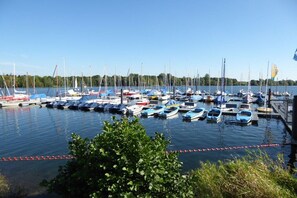 A marina with multiple boats docked, surrounded by greenery and a clear sky.