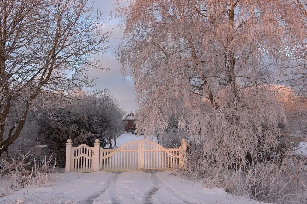 A snow-covered gate leading to a property with a pathway.