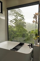 A bathroom with a bathtub, a window, and a potted orchid.