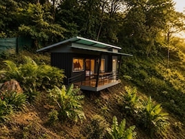 A modern cabin with a balcony, surrounded by lush greenery.