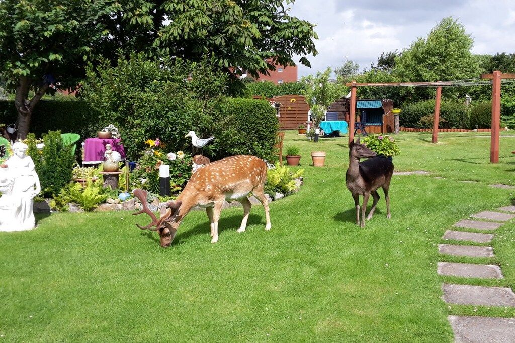 A garden with statues, a deer, and a cow.