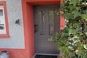 Eine dunkelgraue Tür mit Fensterglas und einer Metallglocke.
