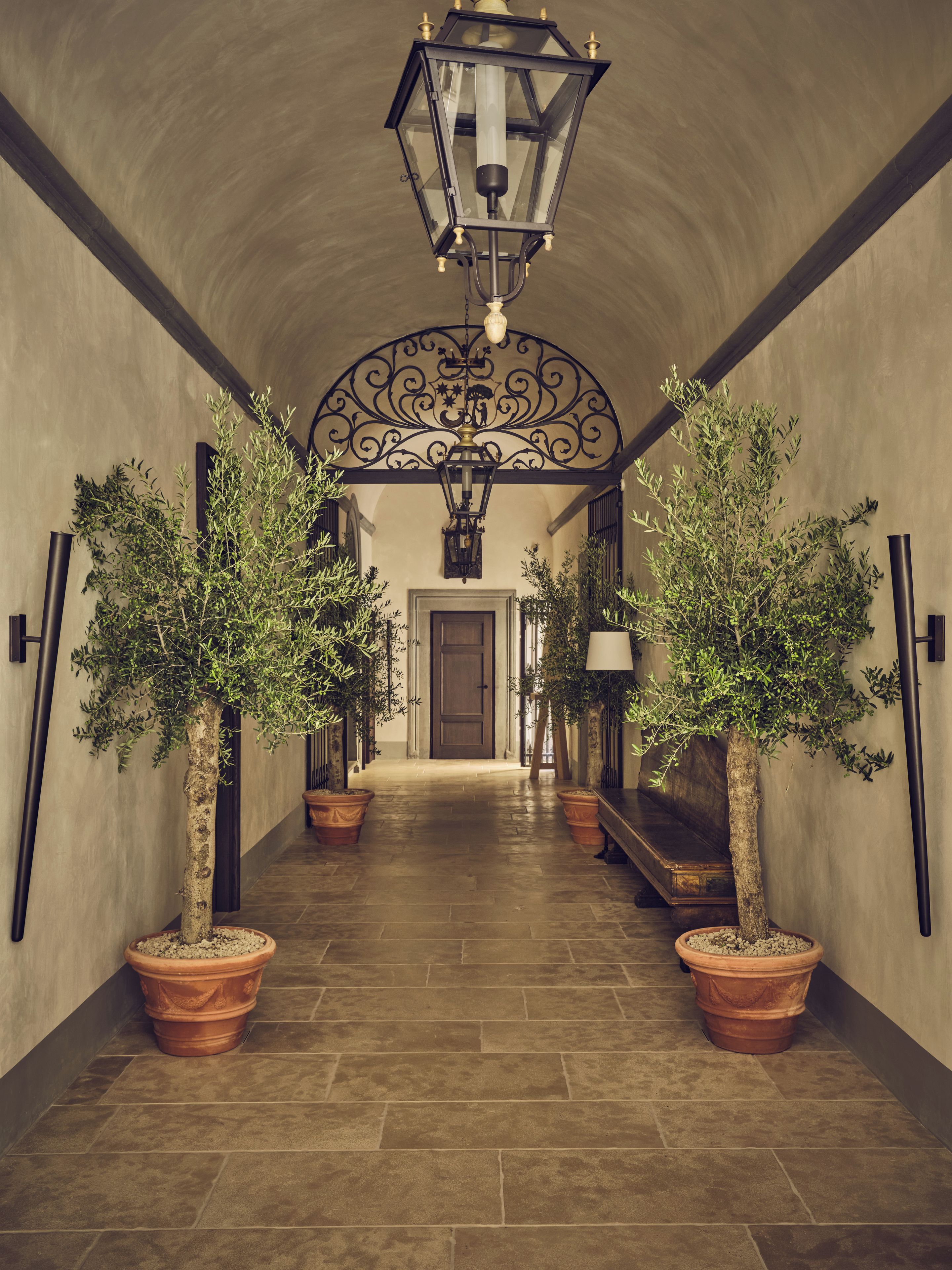 A hallway with a central light fixture, flanked by potted trees and a decorative metal arch.