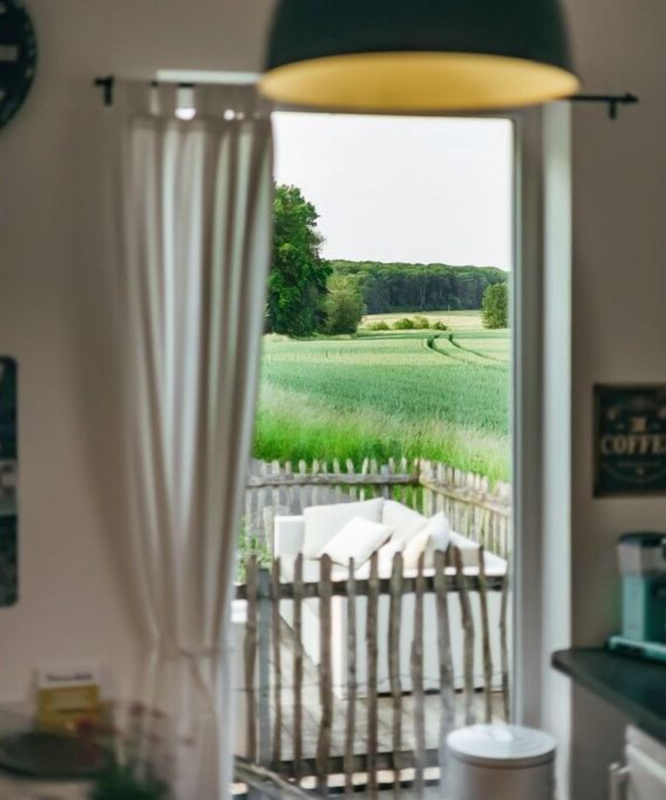 Une vue à travers une fenêtre avec un rideau, révélant un espace extérieur clôturé avec une chaise et une table, ainsi qu’une machine à café posée sur un comptoir.