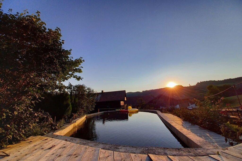 A swimming pool with a wooden deck, surrounded by trees and a house in the background.