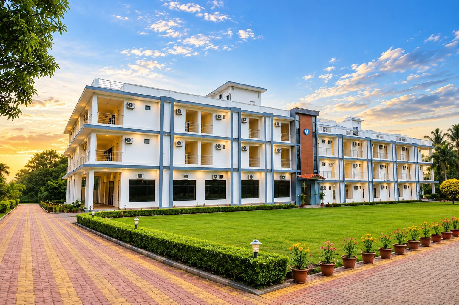 Un hotel de varios pisos con un patio central, unidades de aire acondicionado y un césped bien cuidado.