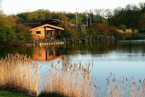 A wooden cabin by a calm lake with reeds in the foreground. - Holiday home in Vlissingen with Wi-Fi (Vlissingen)